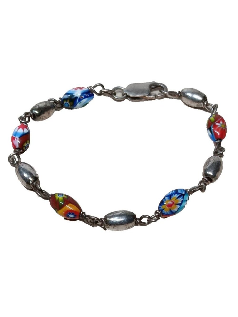 Sterling Silver Elongated Beads Murano Millefiori Bracelet Italy 7" Length